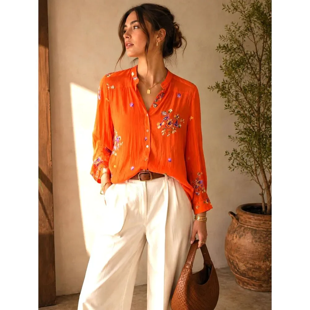 Figueroa & Flower Embroidered Boho Blouse L Orange Floral Button Front